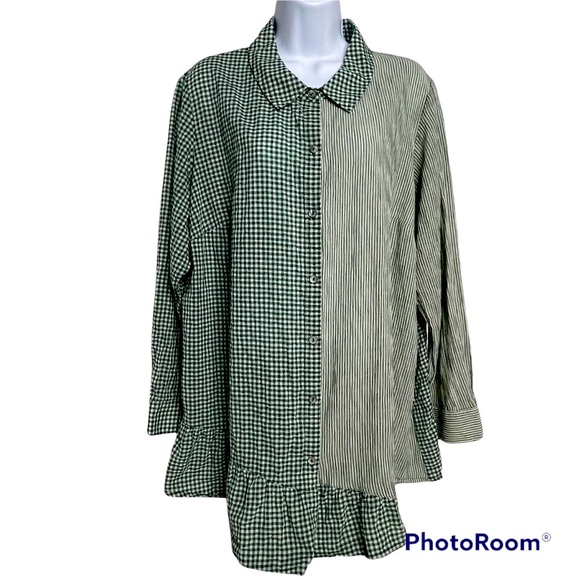 Lori Goldstein LOGO Tunic Button Up Gingham Check & Striped 1X